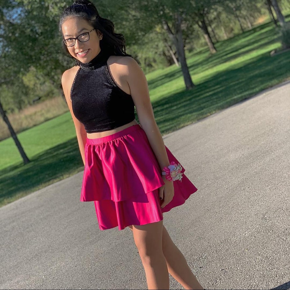 two piece homecoming dress, black top, pink skirt